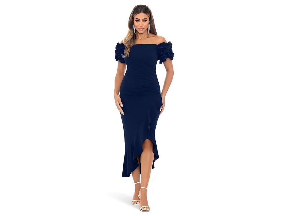 XSCAPE Midi Scuba Crepe Off The Shoulder Ruffle Sleeve Women's Dress Product Image