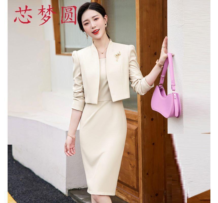 Sleeveless Plain Midi Sheath Dress / Cropped Jacket Product Image