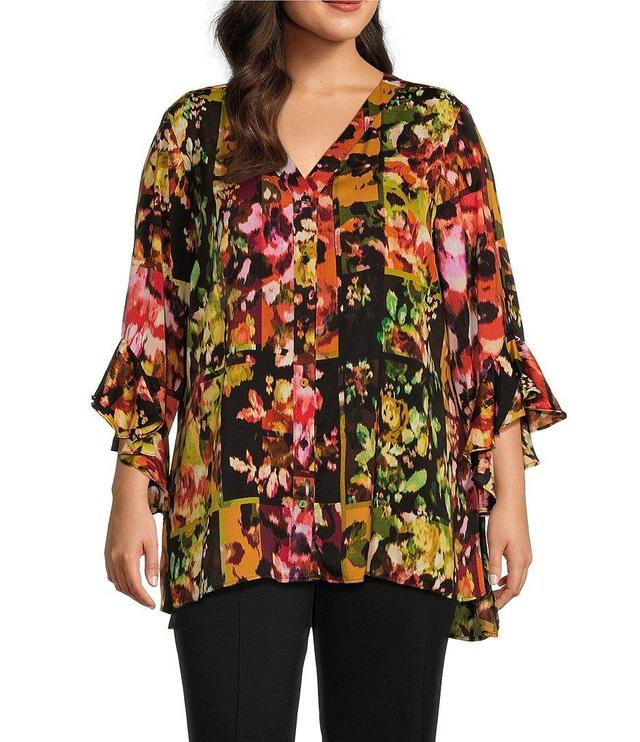 Slim Factor by Investments Plus Size Patched Floral Point Collar Y-Neck Bracelet Sleeve Button Front Top Product Image