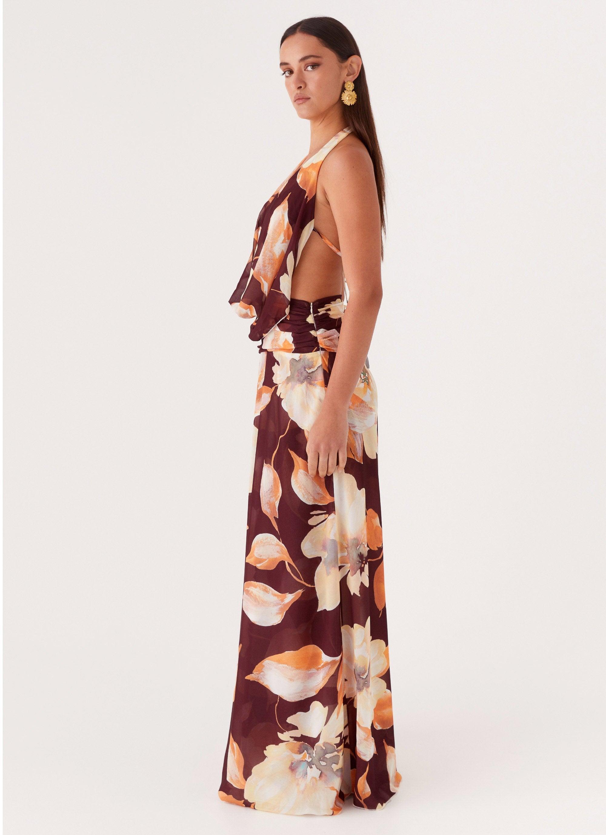 Elysia Chiffon Maxi Dress - Brown Floral Product Image