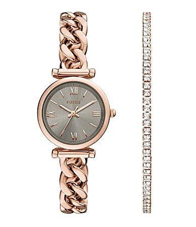 Fossil Womens Carlie Three-Hand Rose Gold-Tone Stainless Steel Bracelet Watch and Bracelet Set Product Image