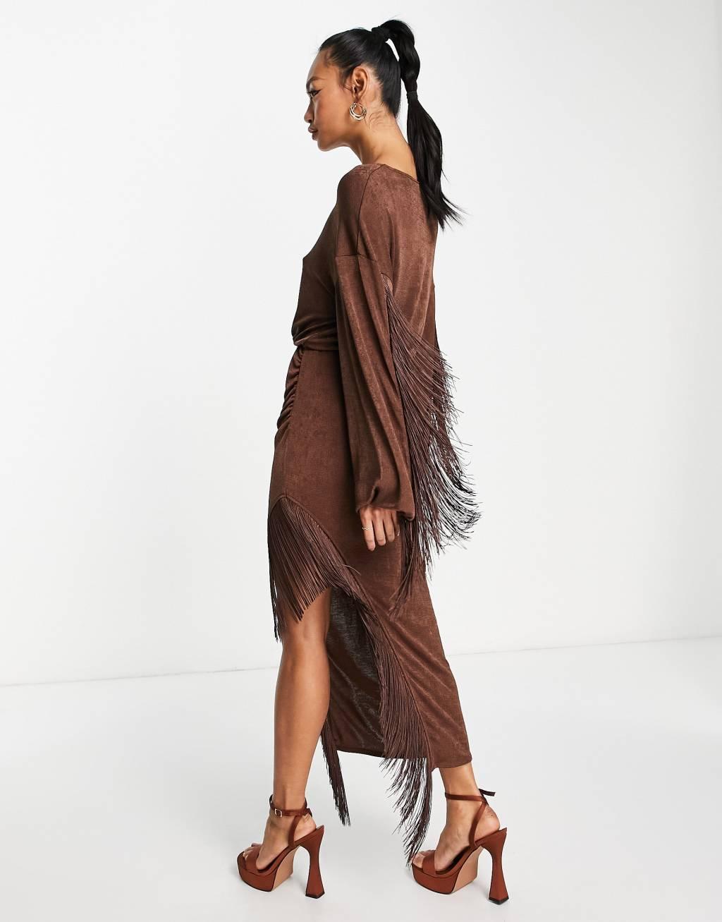 ASOS DESIGN long sleeve slinky midi dress with fringing in brown Product Image