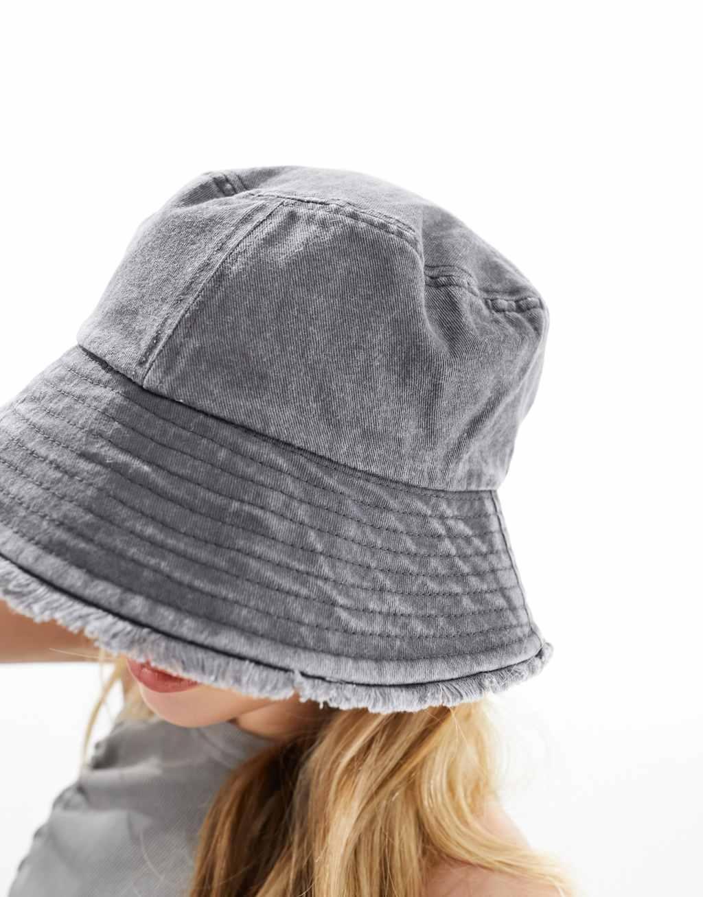 ASOS DESIGN bucket hat in washed black with raw edge Product Image