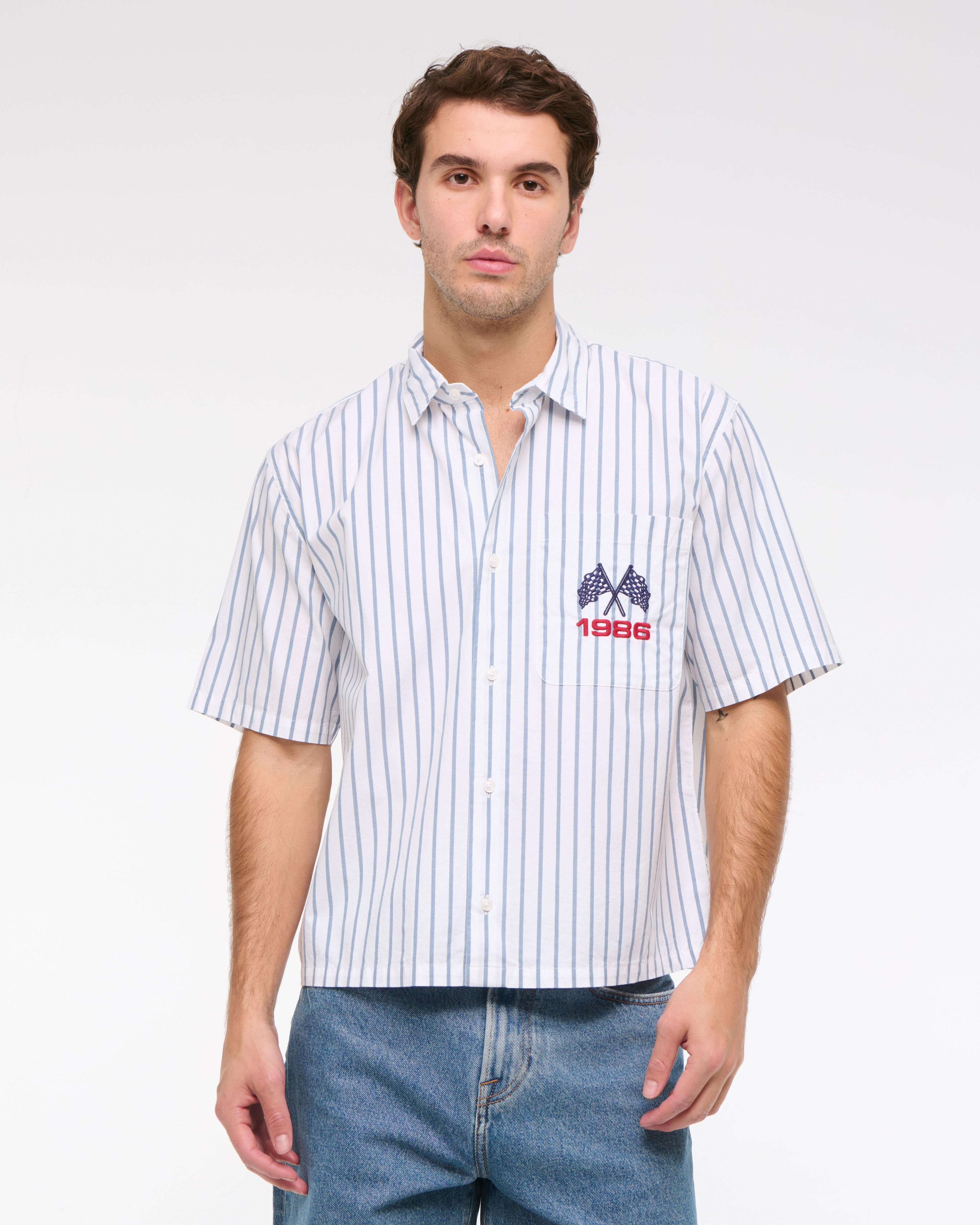 Short-Sleeve Cropped Racing Workwear Button-Up Shirt Product Image