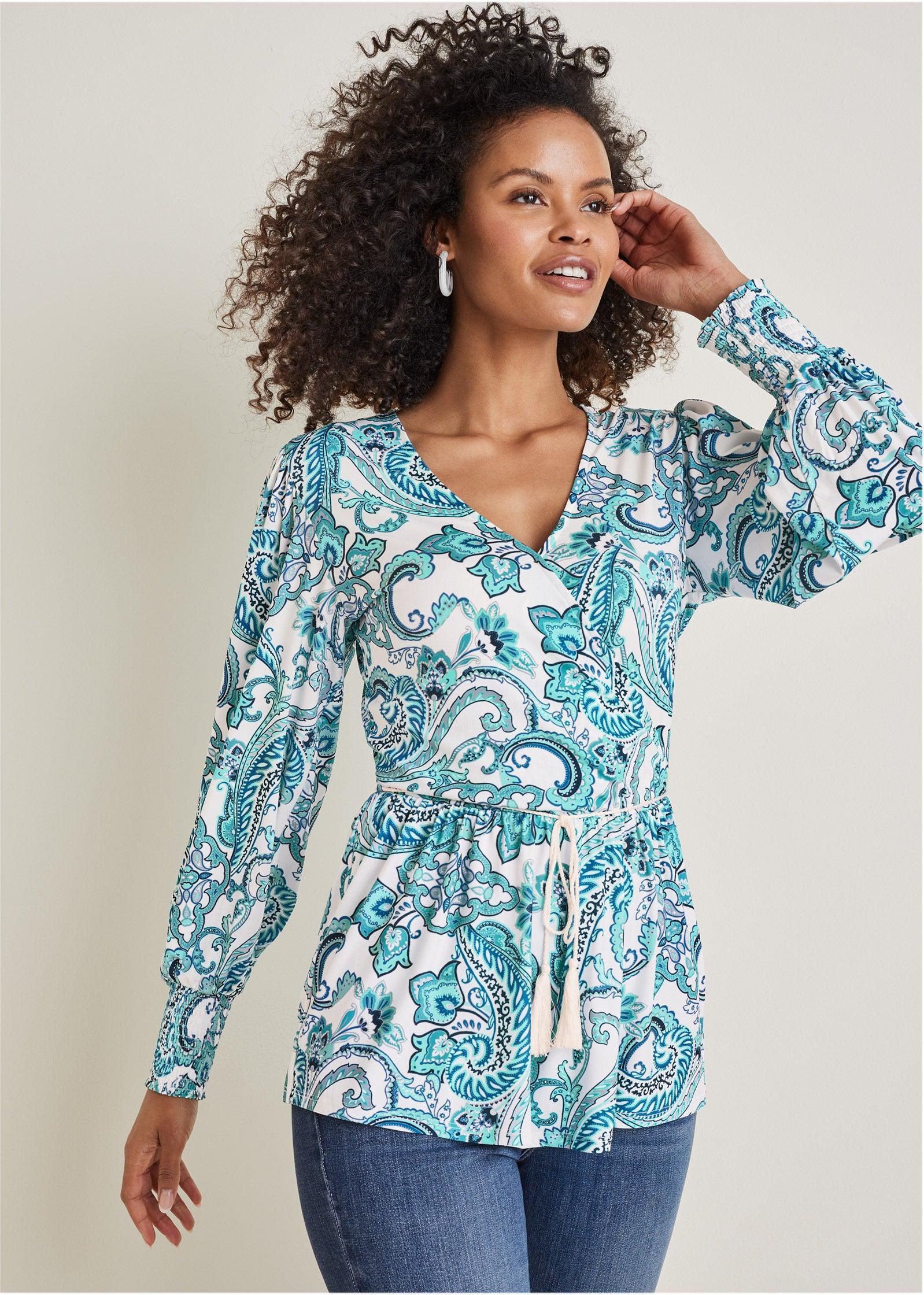 Balloon Sleeve Wrap Front Top - Blue Paisley With Border Product Image