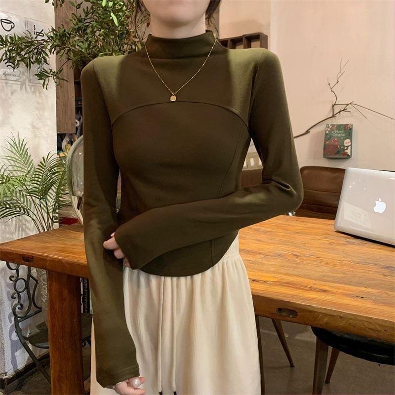 Long-Sleeve Mock Neck Plain T-Shirt Product Image