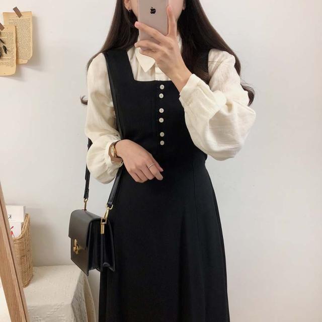 Plain Long-Sleeve Blouse / Midi A-Line Overall Dress Product Image