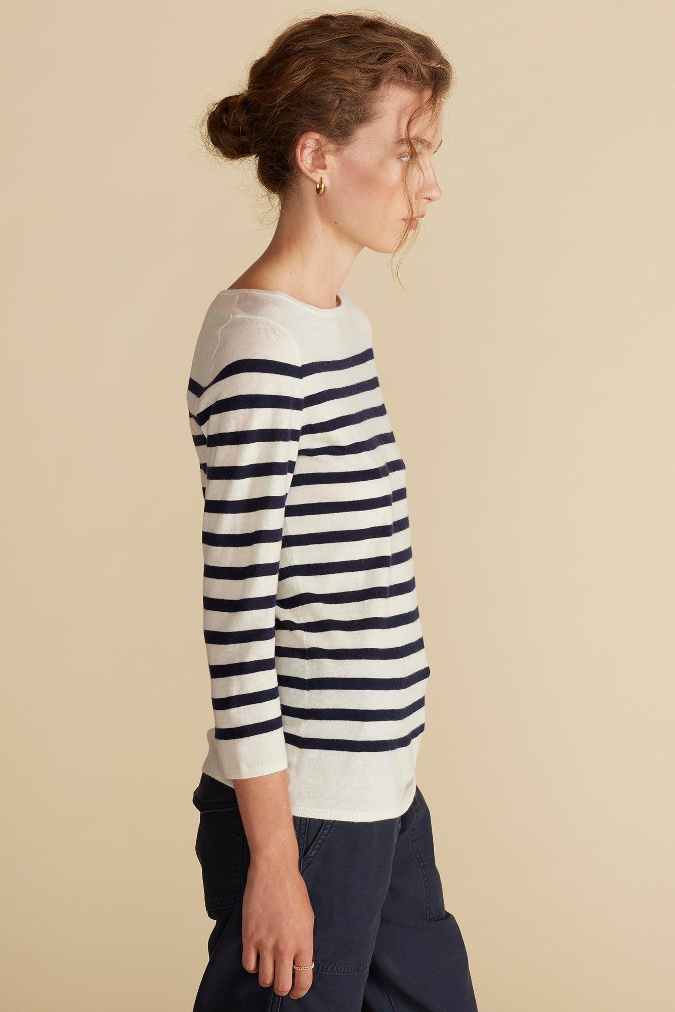 Fran Boatneck Striped Cashmere Sweater - Ivory and Navy Blue Stripe Product Image