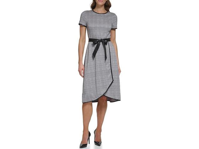 DKNY Plaid Midi with Leather Belt (Black/Maroon) Women's Clothing Product Image