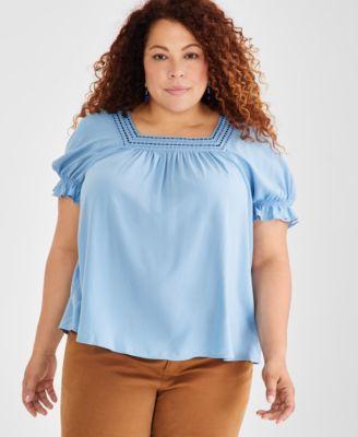 Plus Size Puff-Sleeve Crochet-Trim Top, Created for Macy's  Product Image