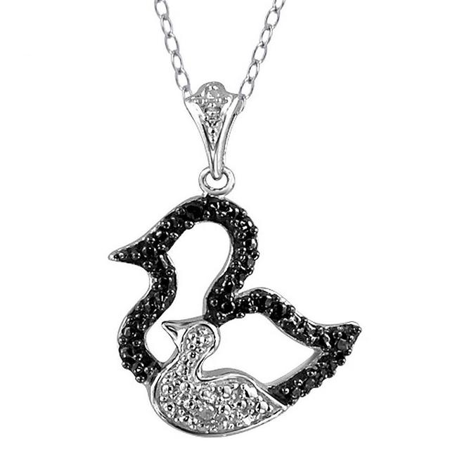 Womens Sterling Silver Accent Round-Cut Black and White Diamond Motherly Duck Pendant 18) Product Image