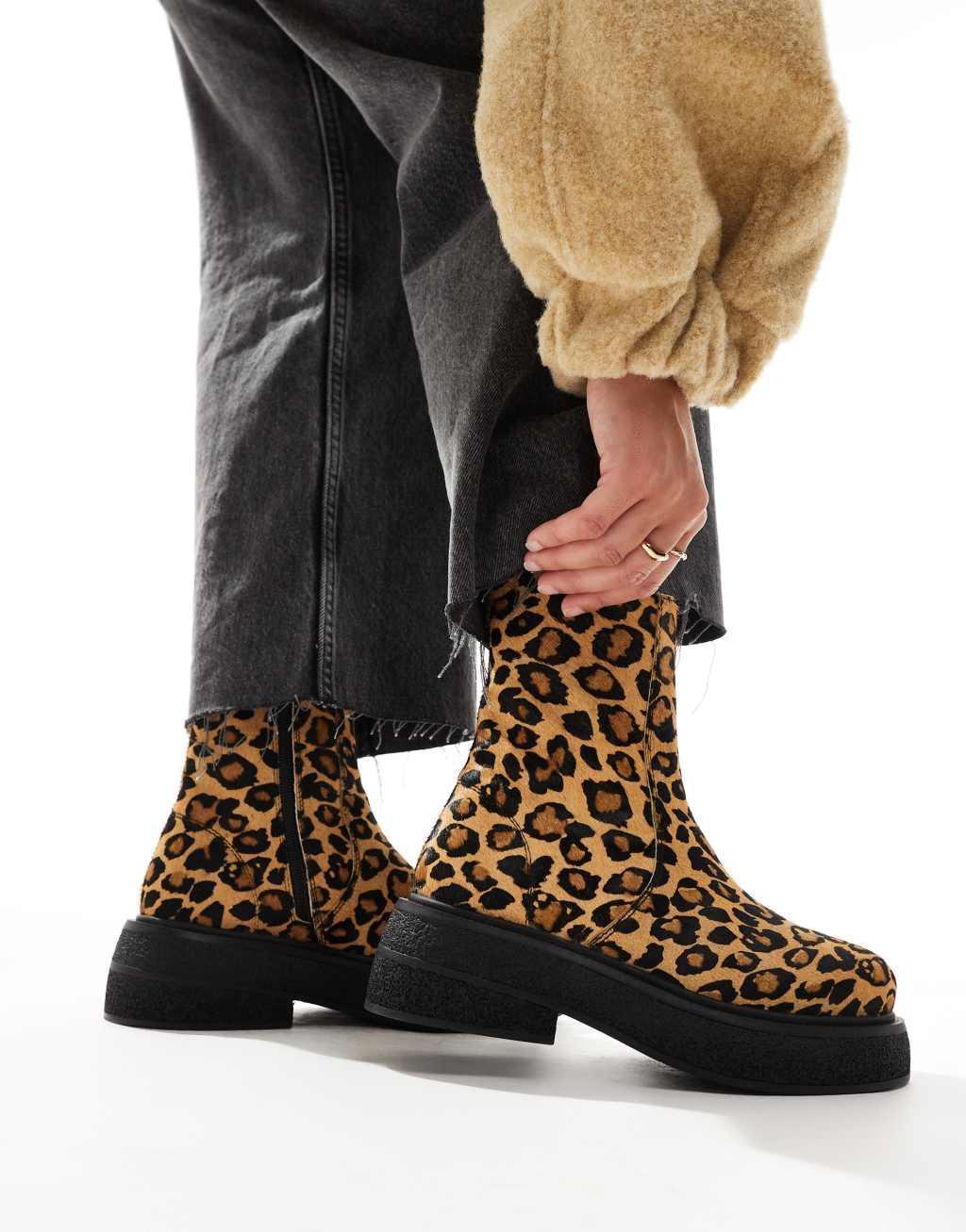 ASOS DESIGN Achieve flat leather boots in leopard  Product Image