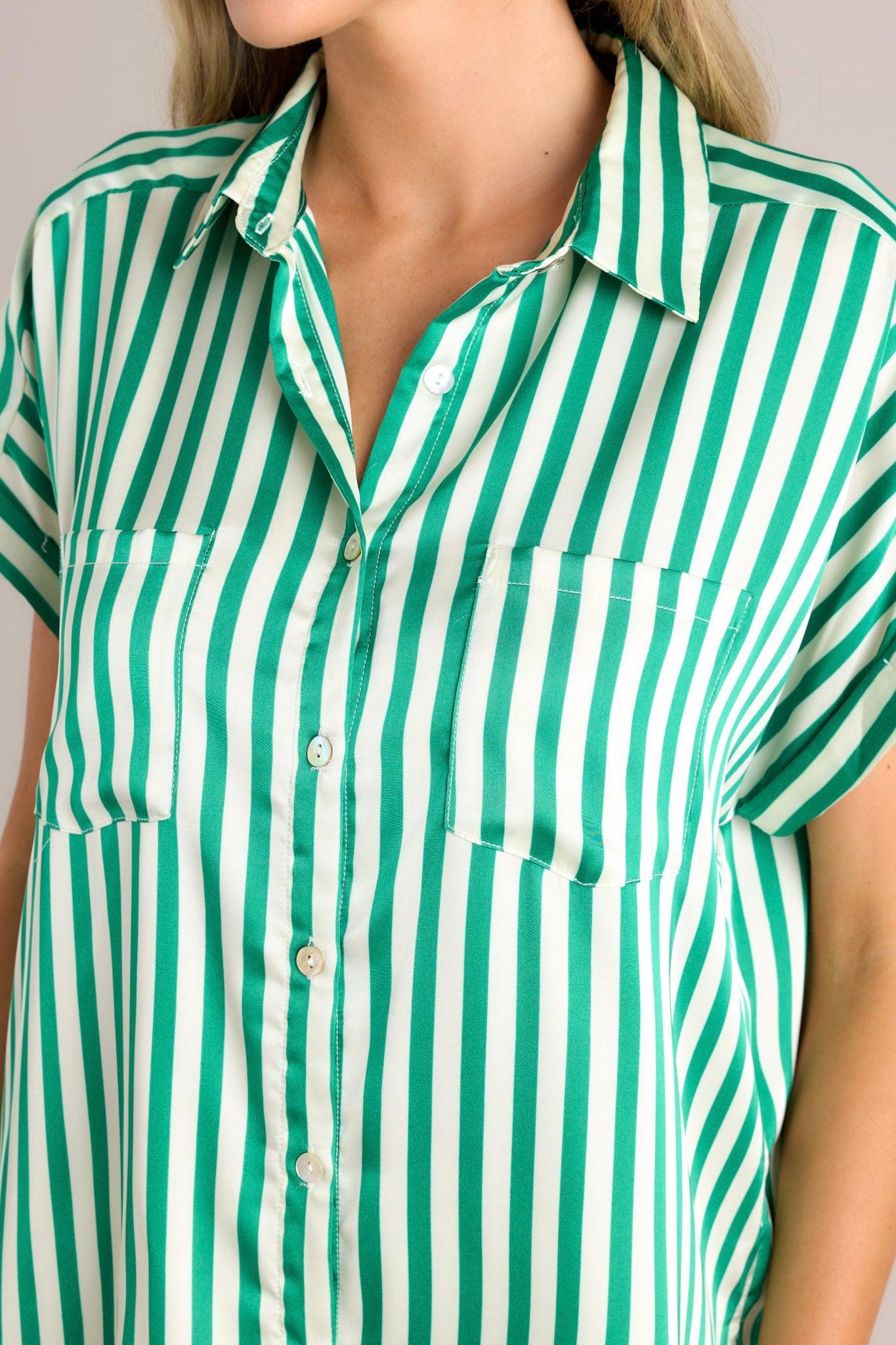 White Lies Green Stripe Button Front Top Product Image