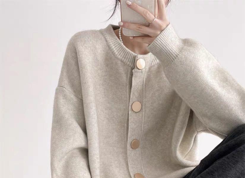 Round Neck Plain Button Oversized Cardigan Product Image