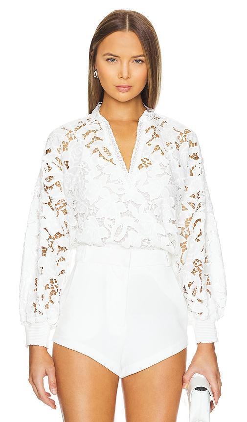 ALICE AND OLIVIA Aislyn Floral Lace Puff Sleeve Blouse In Off White Product Image