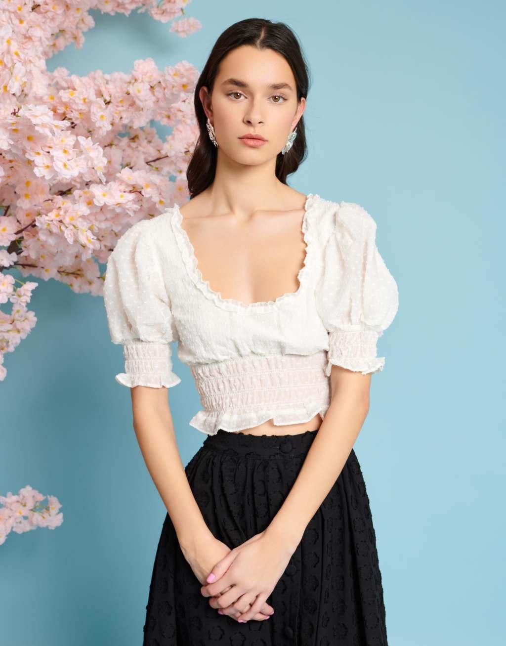 Sister Jane shirred bow crop top in ivory Product Image