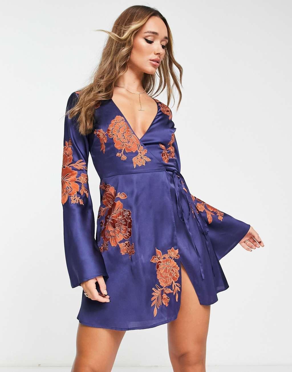 ASOS DESGIN embroidered floral mini wrap dress with flared sleeves Product Image