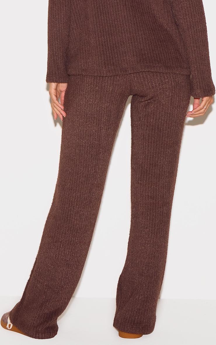 Chocolate Textured Soft Rib Mid Rise Straight Leg Pants Product Image