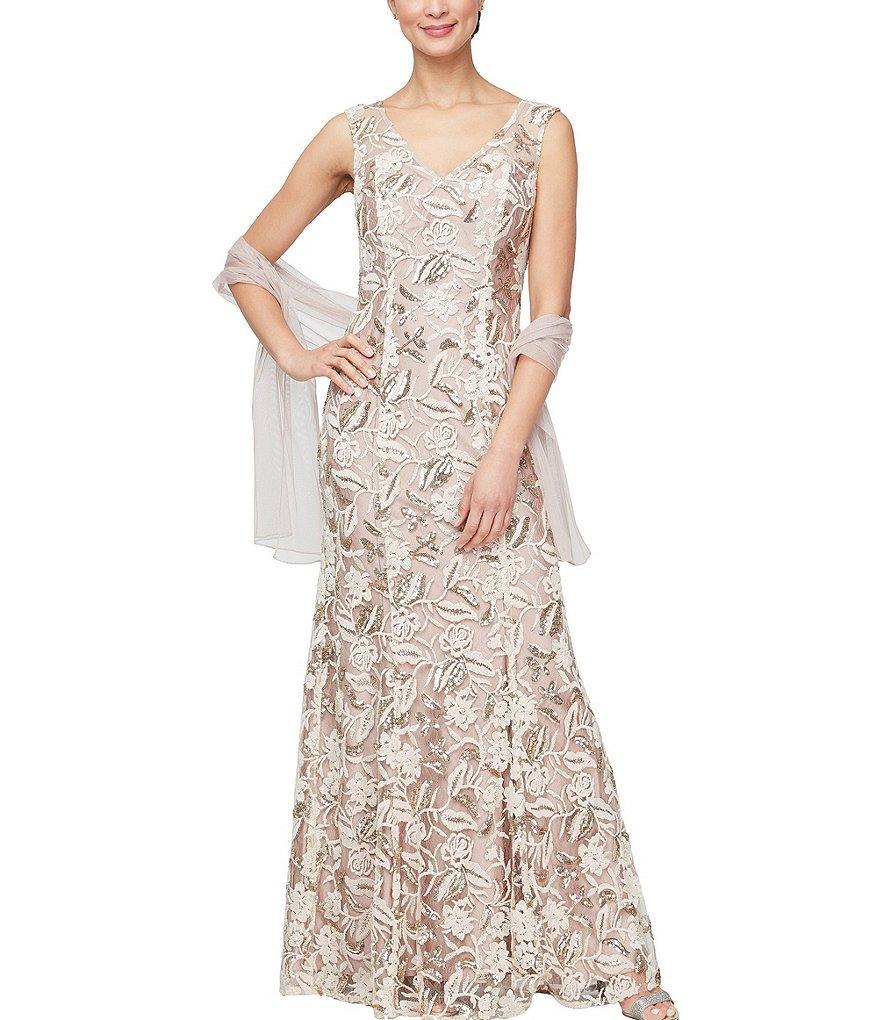 Alex Evenings Sleeveless V-Neck Embroidered Sequin Shawl Gown Product Image