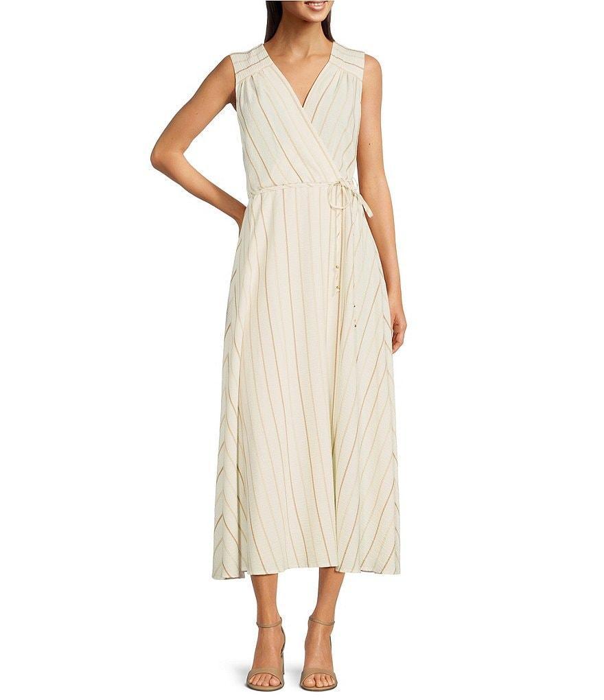 Calvin Klein Sleeveless V-Neck Tie Waist Striped Midi Dress Product Image