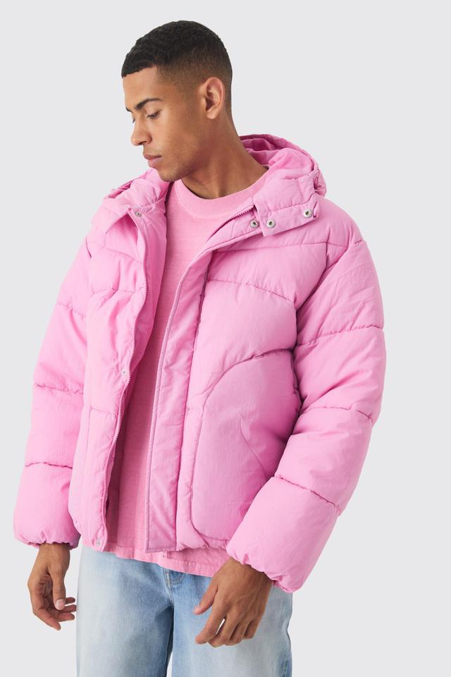 Hooded Puffer Coat In Pink | boohooMAN USA Product Image