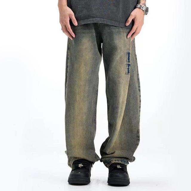 Street Embroidered Washed Mud Yellow Pleated Jeans Product Image