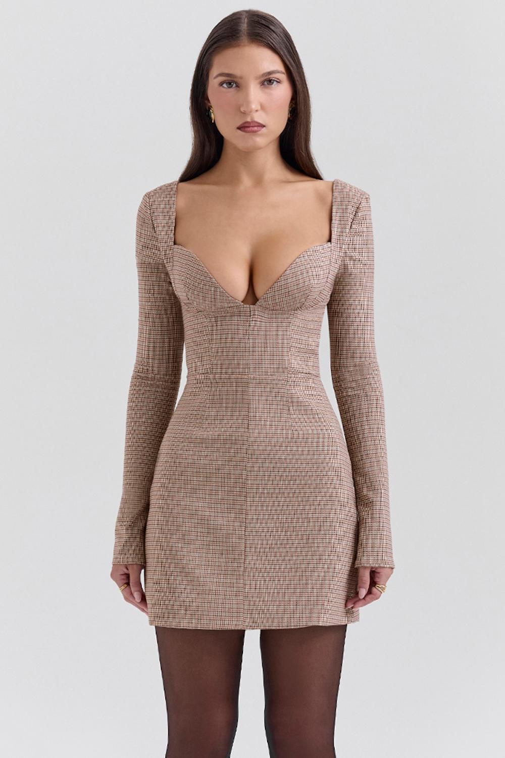 Angelie Brown Puppytooth Check Plunge Mini Dress Product Image