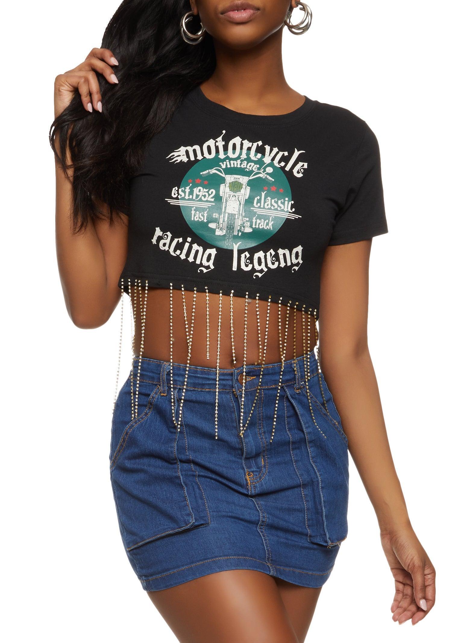 Womens Rhinestone Fringe Motorcycle Graphic Crop Top product image