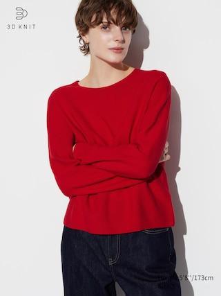 Womens 3D Knit Cotton Crew Neck Sweater Red XL UNIQLO US Product Image