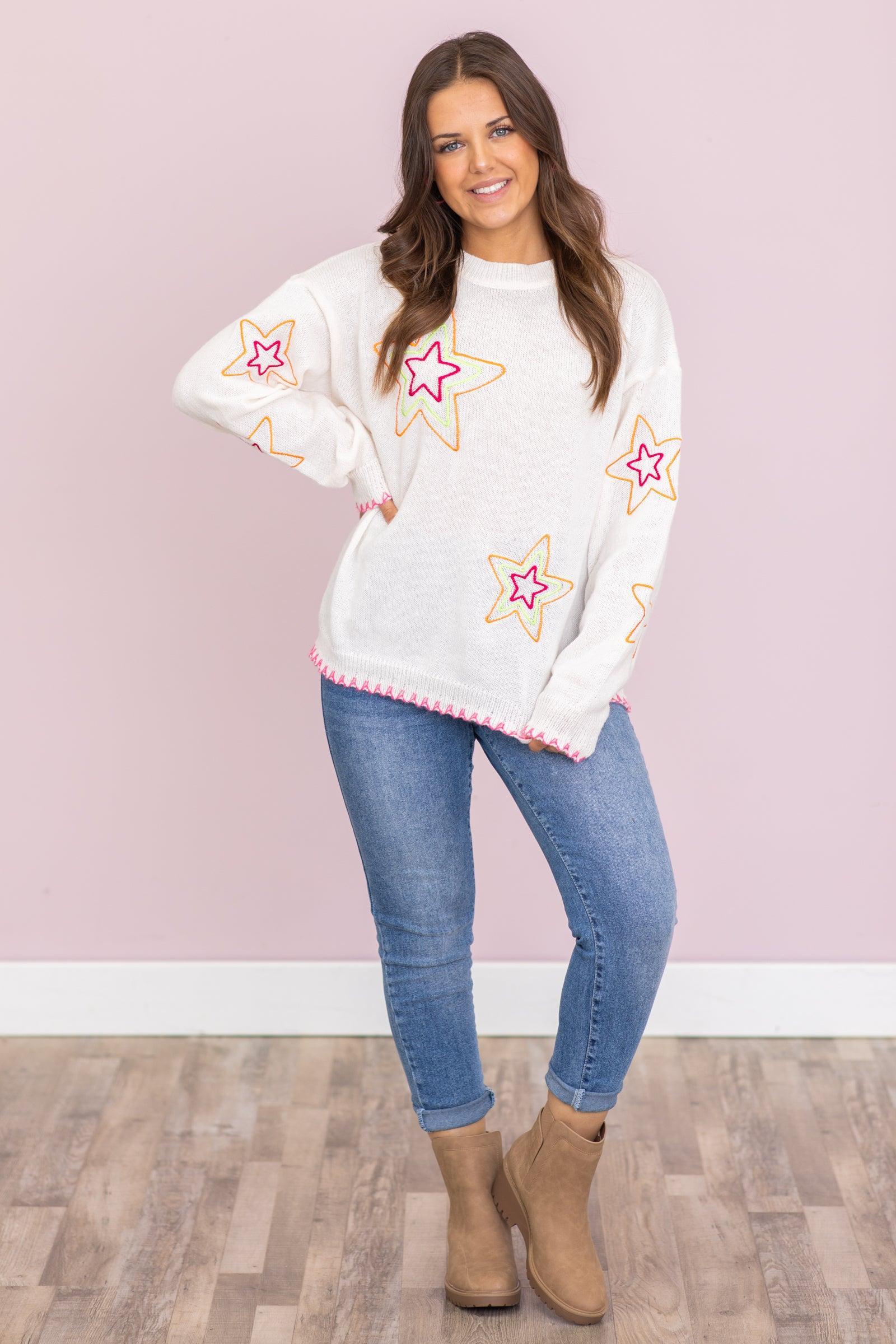 Ivory Sweater With Neon Star Embroidery Product Image