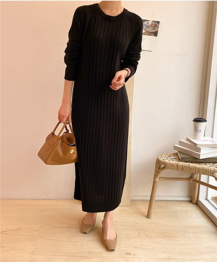 Long Sleeve Crew Neck Plain Ribbed Knit Bodycon Midi Sweater Dress Product Image