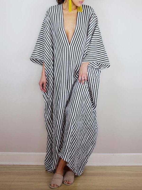 Batwing Sleeves Loose Striped V-Back Deep V-Neck Maxi Dresses Product Image