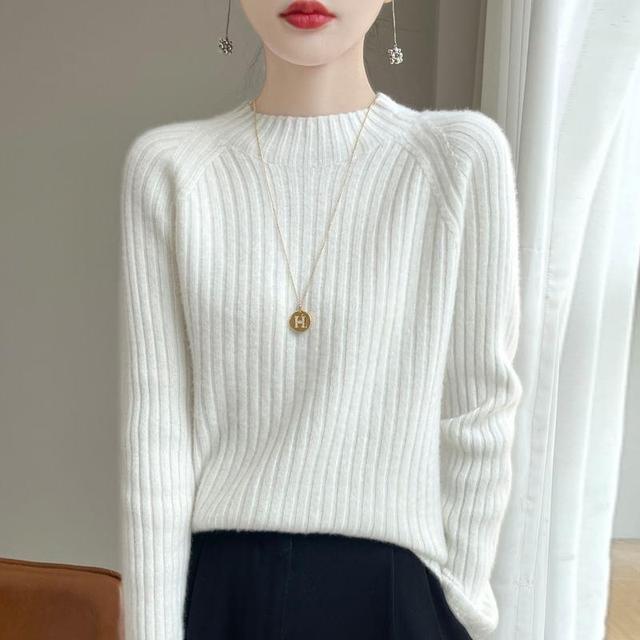 Long-Sleeve Mock Neck Ribbed Knit Top Product Image