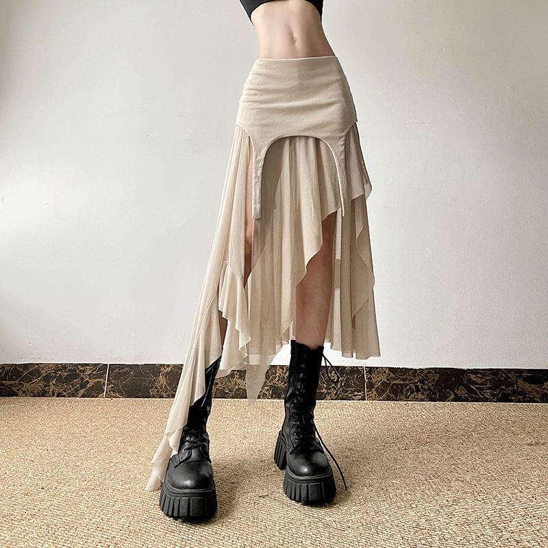 Mid Rise Plain Asymmetrical Panel Mesh A-Line Skirt Product Image