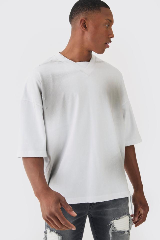 Premium Oversized V Neck Dropped Shoulder Top Stitched, Washed T-shirt | boohooMAN USA Product Image