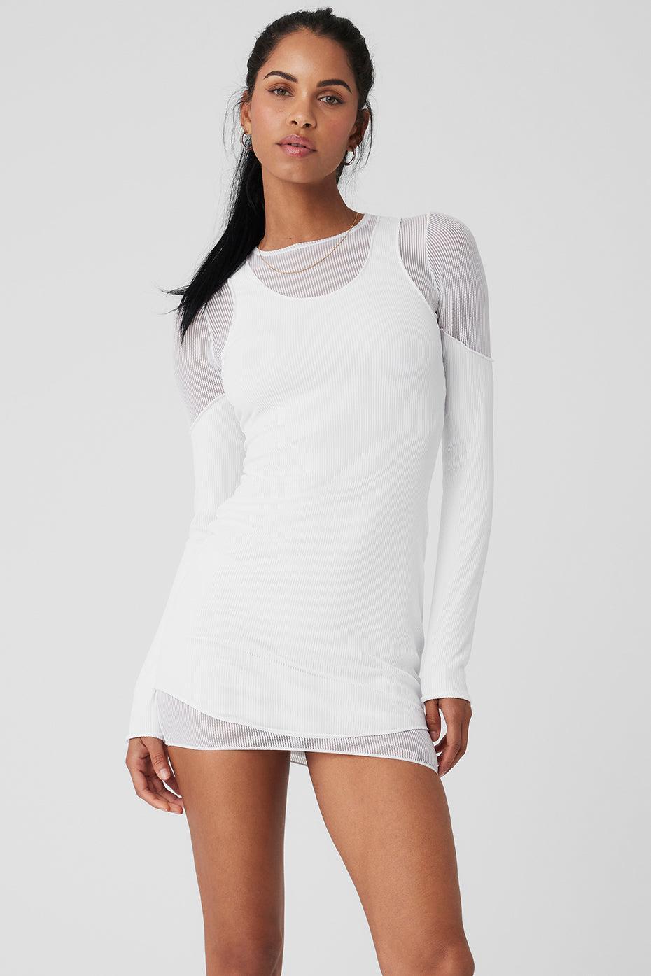 Striped Mesh Synergy Long Sleeve Dress - White Product Image