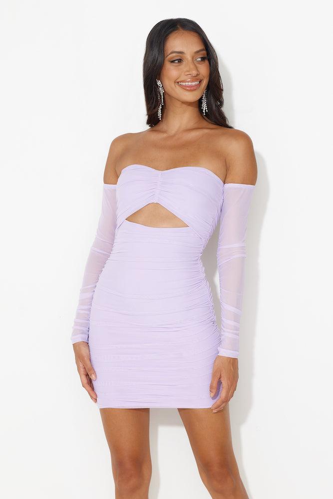 Music Moves Off The Shoulder Mesh Mini Dress Lilac Product Image