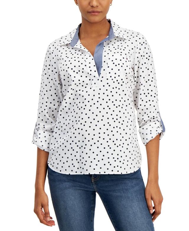 Tommy Hilfiger Womens Polka-Dot Cotton Popover Top - Bright White/ Product Image