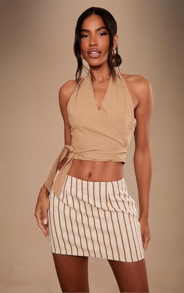 Beige Structured Linen Look Pleated Halter Crop Top Product Image