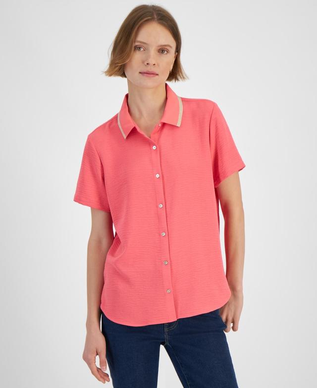 Tommy Hilfiger Womens Contrast-Collar Short-Sleeve Shirt Product Image