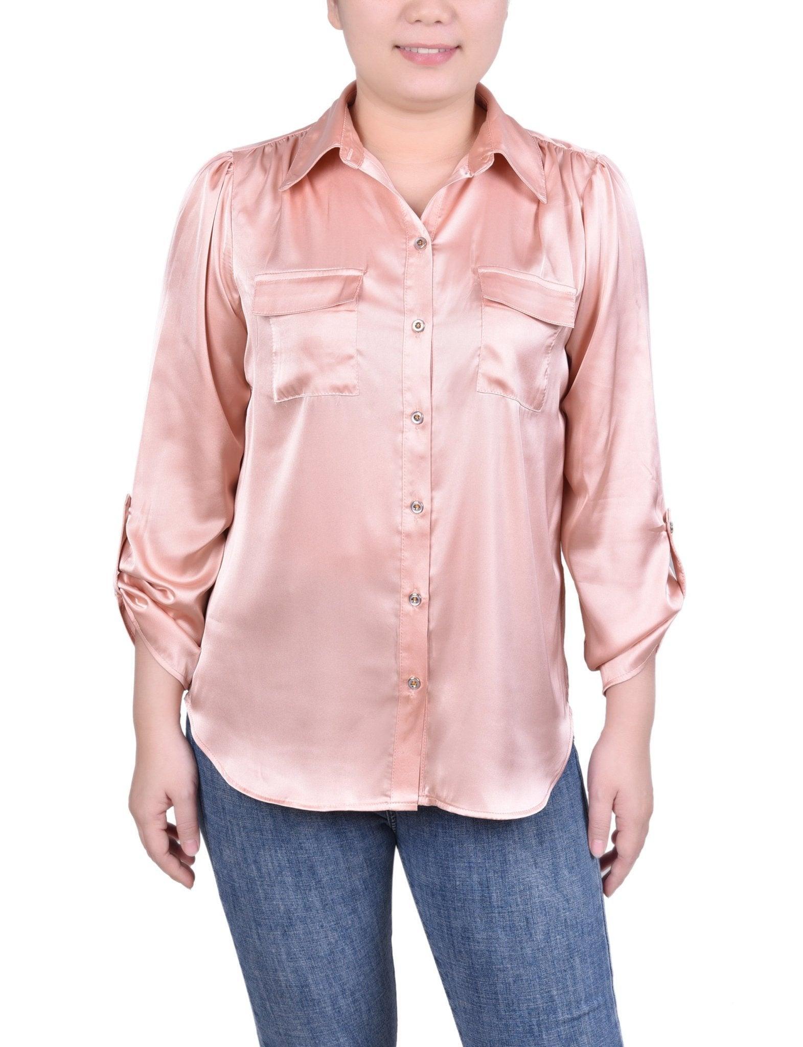 Tabbed Long Sleeve Satin Blouse - Petite Product Image