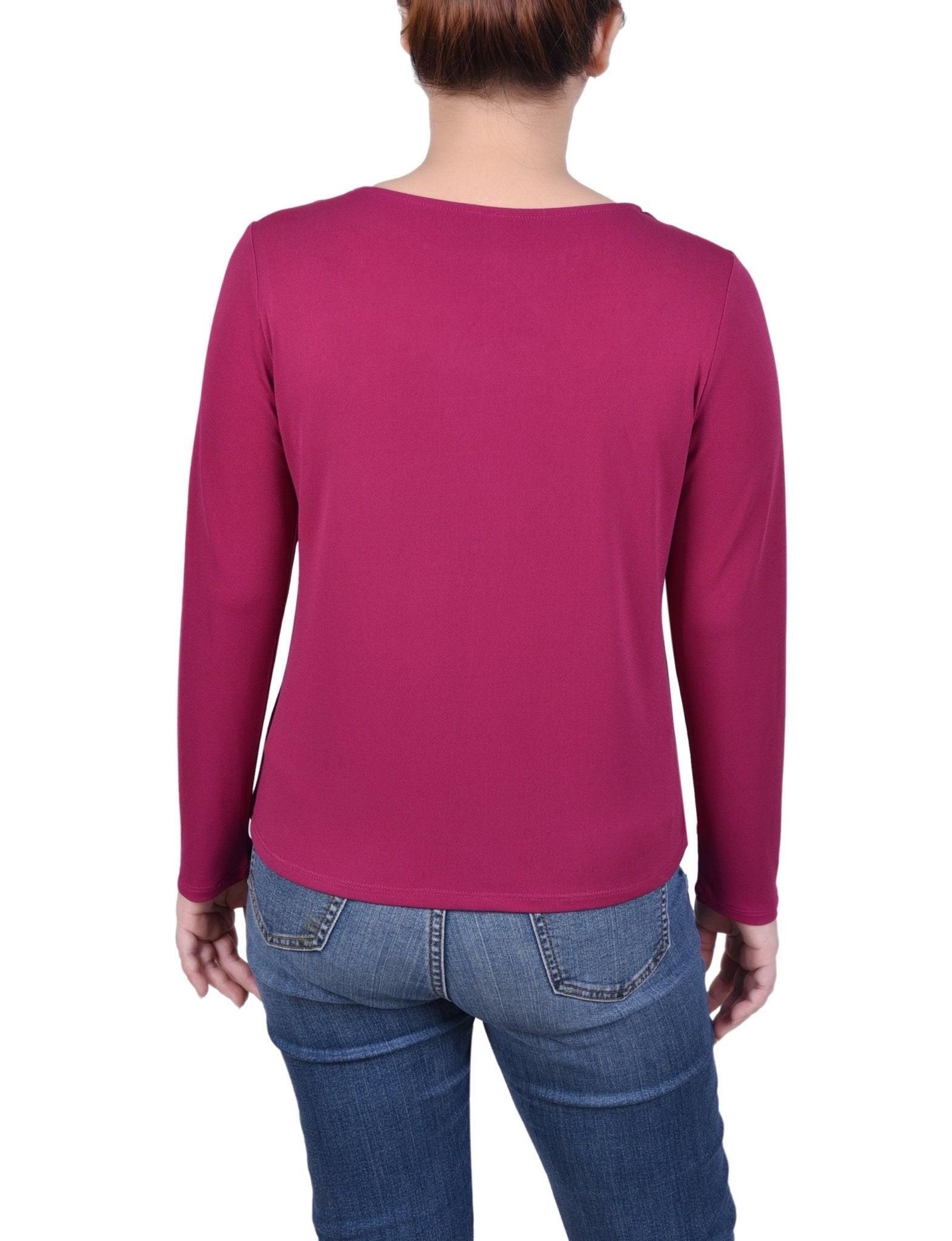 Long Sleeve Jeweled Neck Top - Petite Product Image