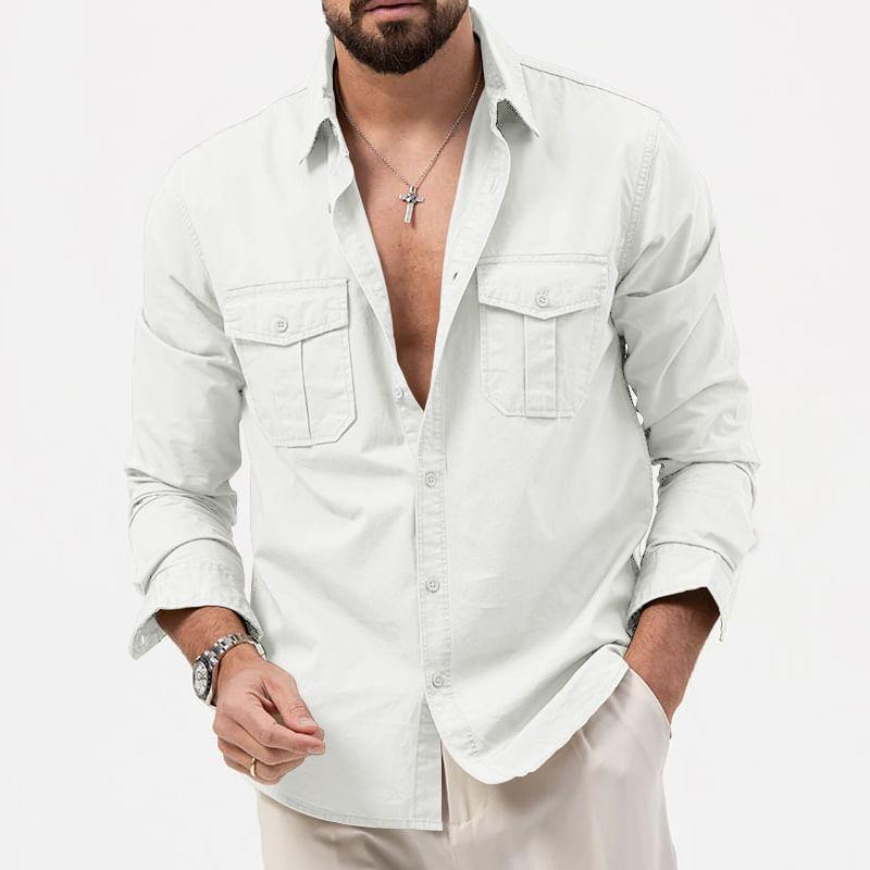 Long-Sleeve Plain Button-Up Cargo Shirt Product Image