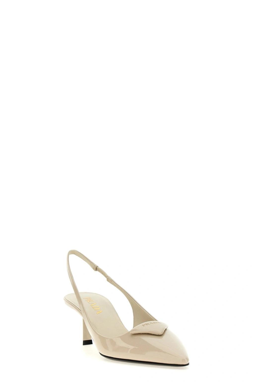 Brand-plaque Slingback Heeled Leather Pumps In Beige Khaki Product Image