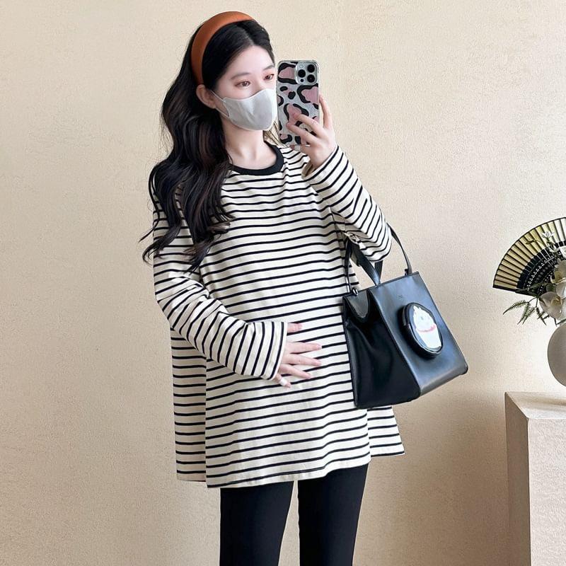 Maternity Long Sleeve Crew Neck Striped Tee Product Image