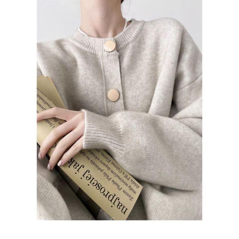 Round Neck Plain Button Oversized Cardigan Product Image