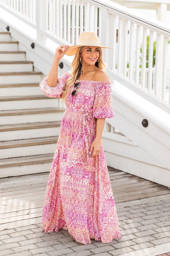 Dynamic Love Pink Printed Off The Shoulder Maxi Dress FINAL SALE Product Image