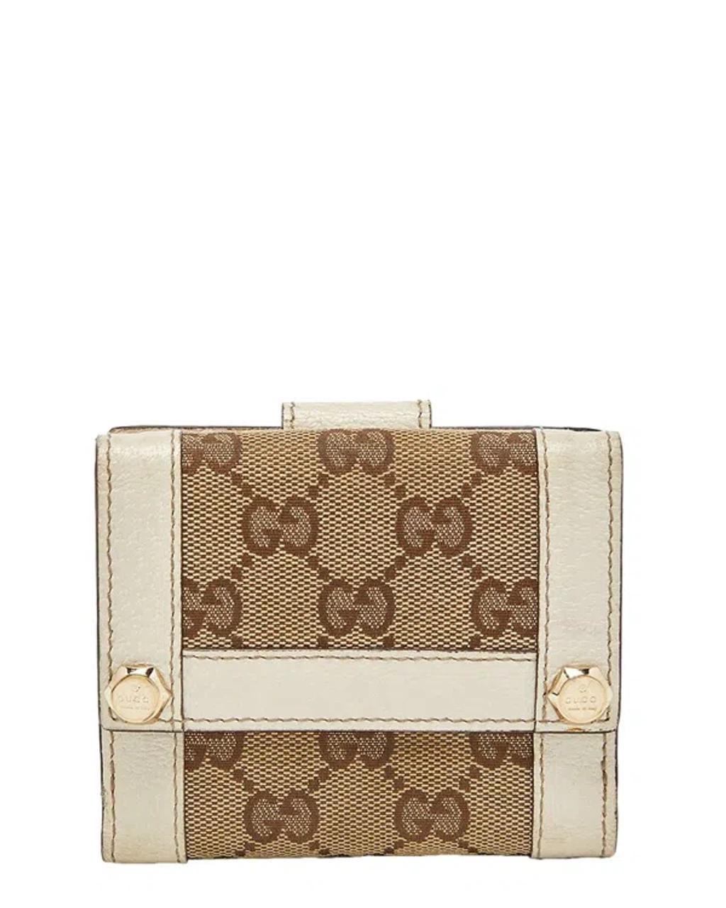 GUCCI Beige Gg Canvas & Leather Compact Wallet (authentic ) In Brown Product Image