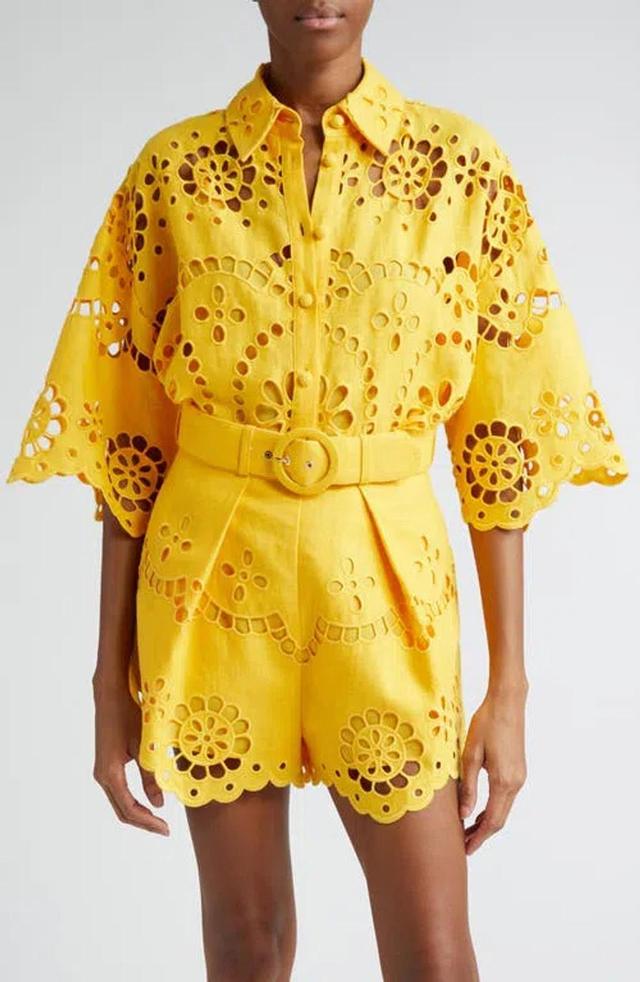 ZIMMERMANN Pop Embroidered Linen Eyelet Shirt In Yellow Product Image