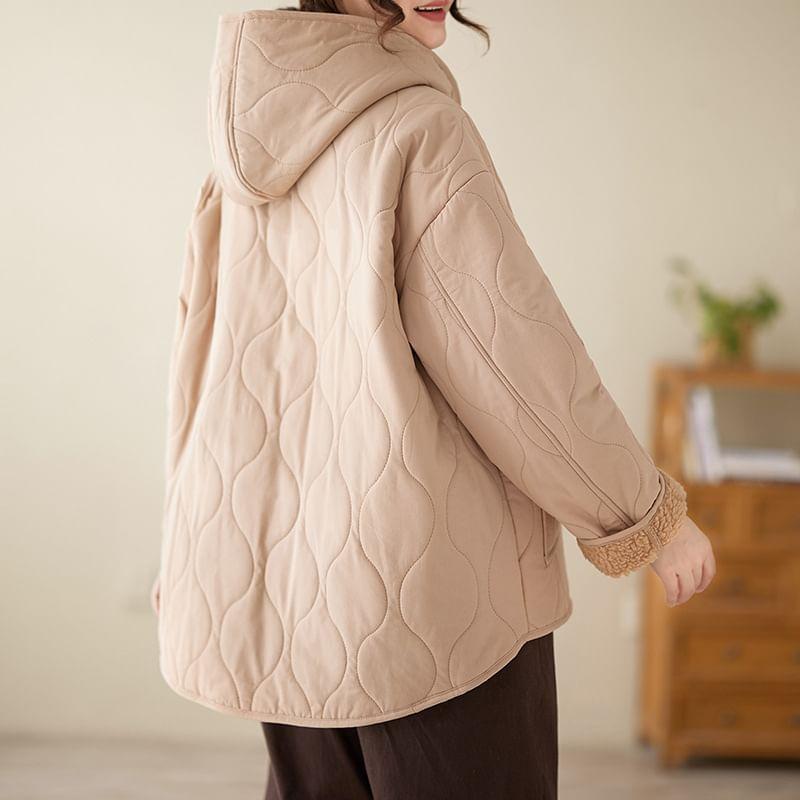 Plain Quilted Hooded Fleece-Lined Button Jacket Product Image